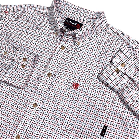 Ariat FR Flame Resistant Button Down Shirt Mens XXL Blue Red Check Pocket READ - Picture 1 of 15
